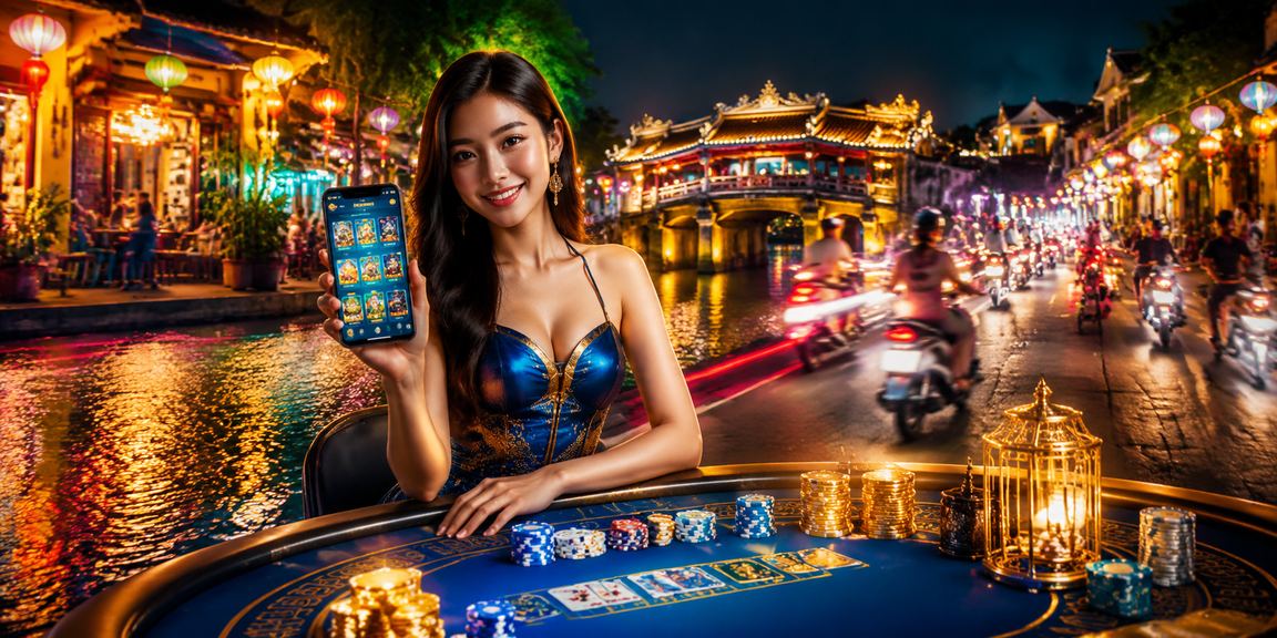 Người dùng truy cập casino trên điện thoại tại chợ đêm Hội An rực rỡ ánh đèn
